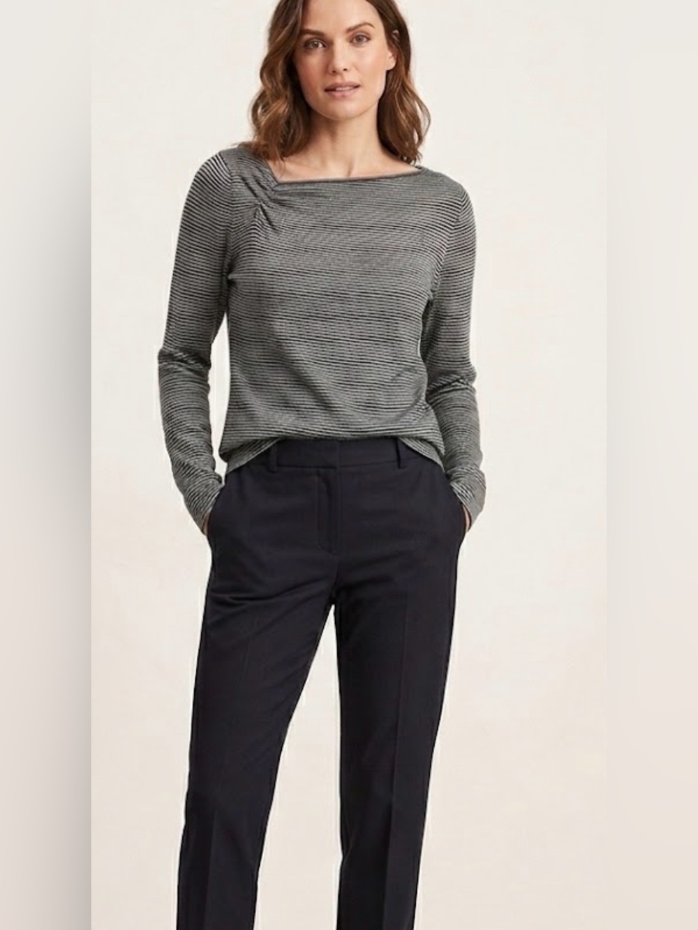Banana Republic Gray Striped Boatneck Long-Sleeve Top Italian Merino Wool